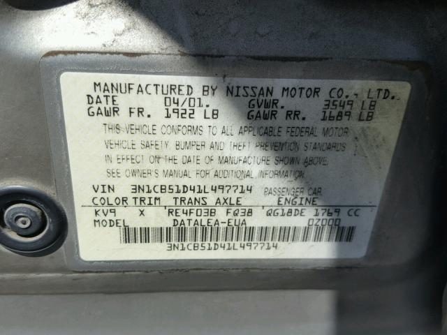 3N1CB51D41L497714 - 2001 NISSAN SENTRA XE GRAY photo 10