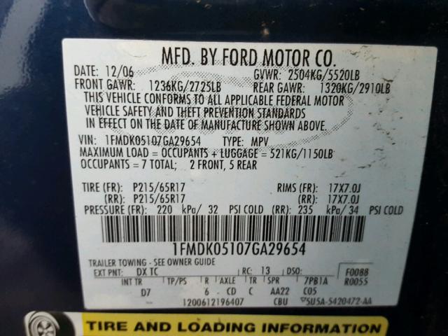 1FMDK05107GA29654 - 2007 FORD FREESTYLE BLUE photo 10