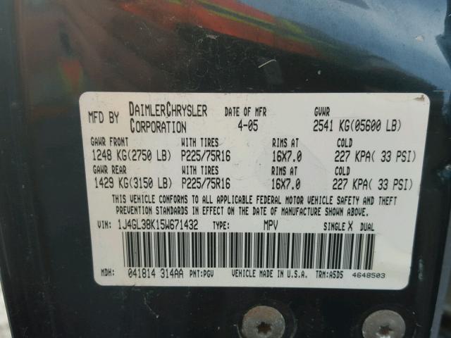 1J4GL38K15W671432 - 2005 JEEP LIBERTY RE GREEN photo 10