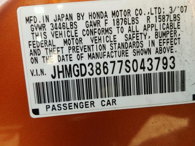 JHMGD38677S043793 - 2007 HONDA FIT S ORANGE photo 10