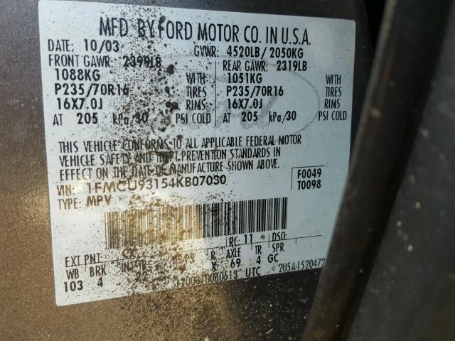 1FMCU93154KB07030 - 2004 FORD ESCAPE XLT GRAY photo 10