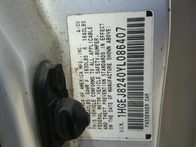 1HGEJ8240YL086407 - 2000 HONDA CIVIC EX SILVER photo 10