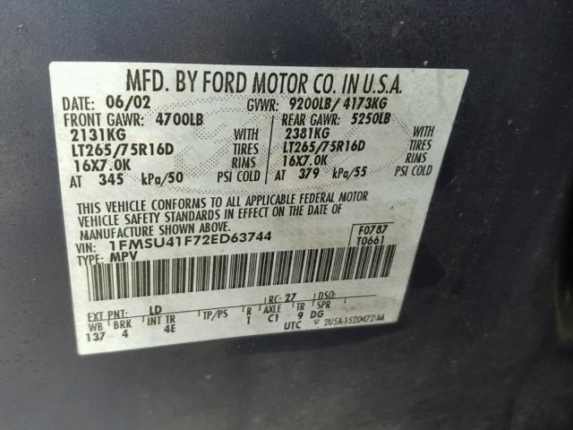 1FMSU41F72ED63744 - 2002 FORD EXCURSION BLUE photo 10