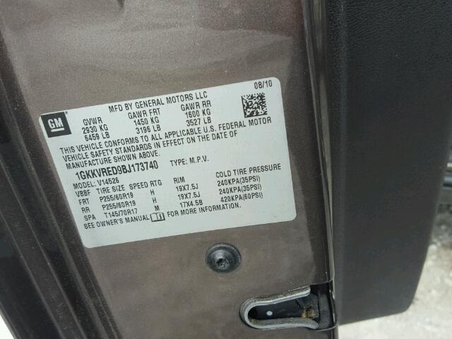 1GKKVRED9BJ173740 - 2011 GMC ACADIA SLT ყავისფერი ფოტო 10