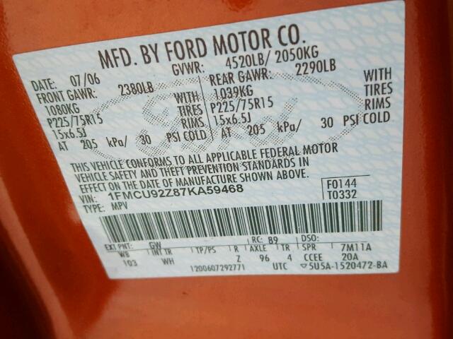 1FMCU92Z87KA59468 - 2007 FORD ESCAPE XLS ORANGE photo 10