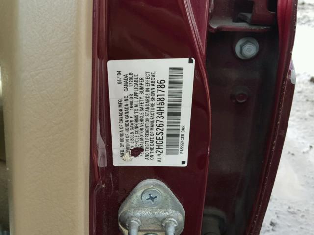 2HGES26734H581786 - 2004 HONDA CIVIC EX BURGUNDY photo 10