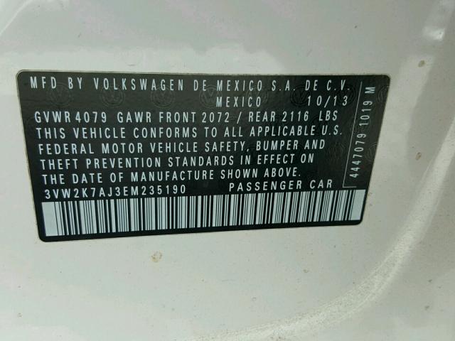 3VW2K7AJ3EM235190 - 2014 VOLKSWAGEN JETTA BASE 白色 照片 10