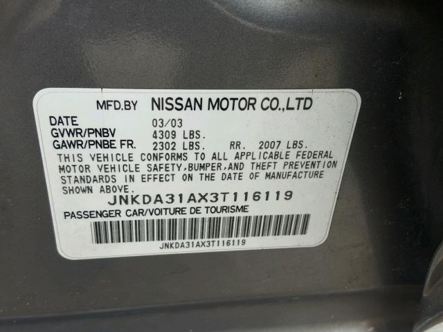 JNKDA31AX3T116119 - 2003 INFINITI I35 SILVER photo 10