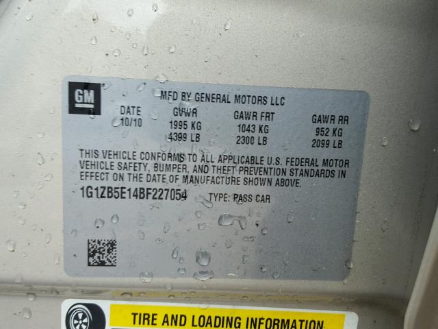 1G1ZB5E14BF227054 - 2011 CHEVROLET MALIBU LS 金色 照片 10