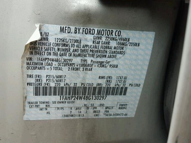 1FAHP24W48G130297 - 2008 FORD TAURUS SEL GRAY photo 10