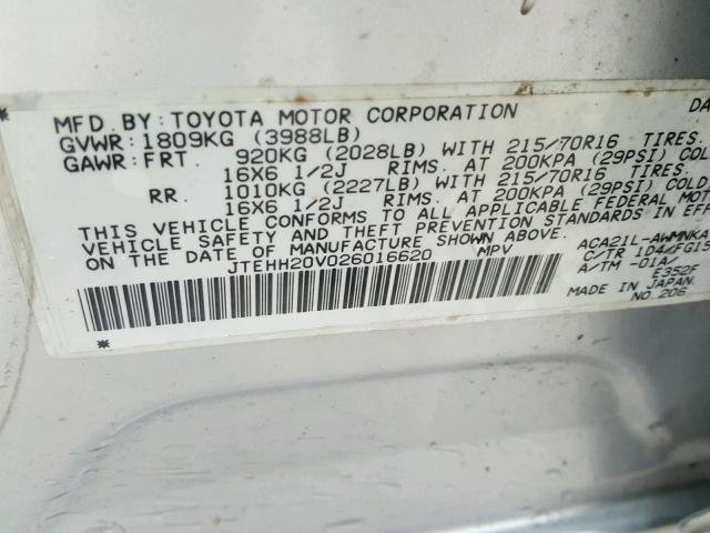 JTEHH20V026016620 - 2002 TOYOTA RAV4 GRAY photo 10