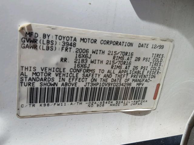 JT3HP10V9Y0234296 - 2000 TOYOTA RAV4 WHITE photo 10