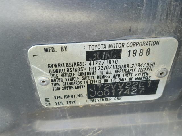 JT2VV22E1J0017427 - 1988 TOYOTA CAMRY LE GRAY photo 10