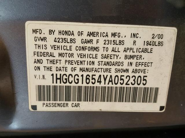 1HGCG1654YA052305 - 2000 HONDA ACCORD EX GRAY photo 10