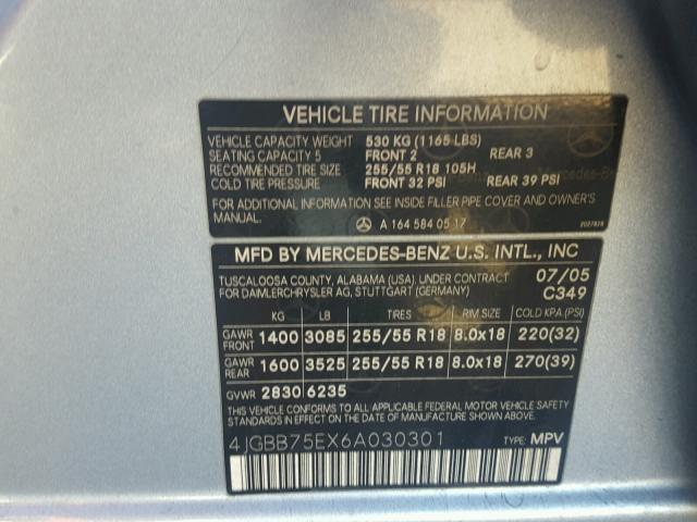 4JGBB75EX6A030301 - 2006 MERCEDES-BENZ ML 500 BLUE photo 10