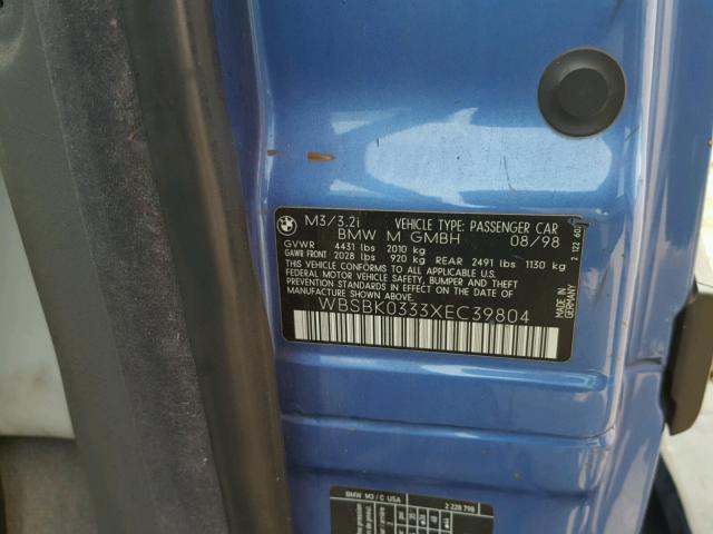 WBSBK0333XEC39804 - 1999 BMW M3 AUTOMAT BLUE photo 10
