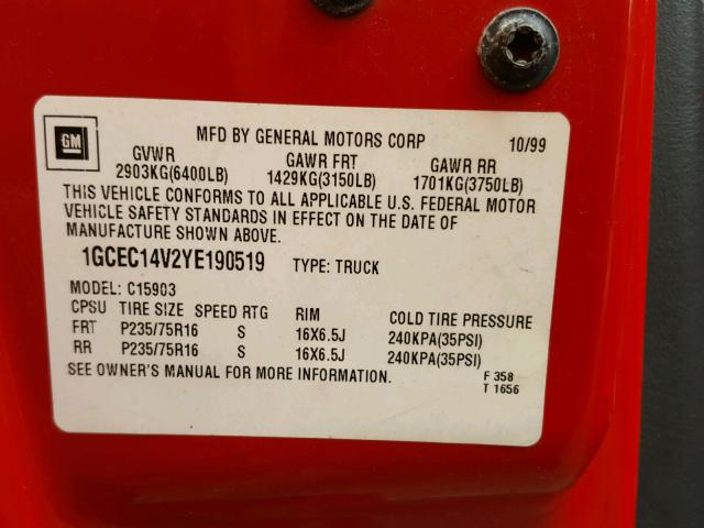 1GCEC14V2YE190519 - 2000 CHEVROLET SILVERADO RED photo 10