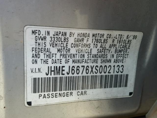 JHMEJ6676XS002133 - 1999 HONDA CIVIC LX SILVER photo 10