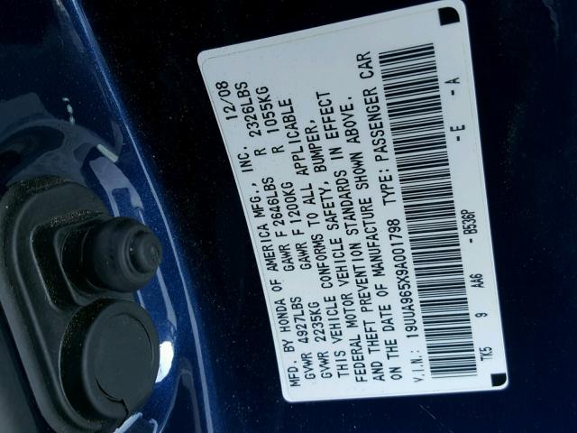 19UUA965X9A001798 - 2009 ACURA TL BLUE photo 10