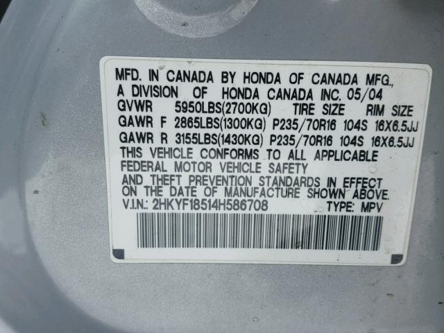 2HKYF18514H586708 - 2004 HONDA PILOT EXL SILVER photo 10