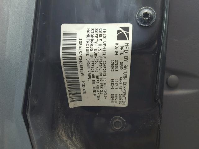 1G8AJ52F34Z189139 - 2004 SATURN ION LEVEL GRAY photo 10