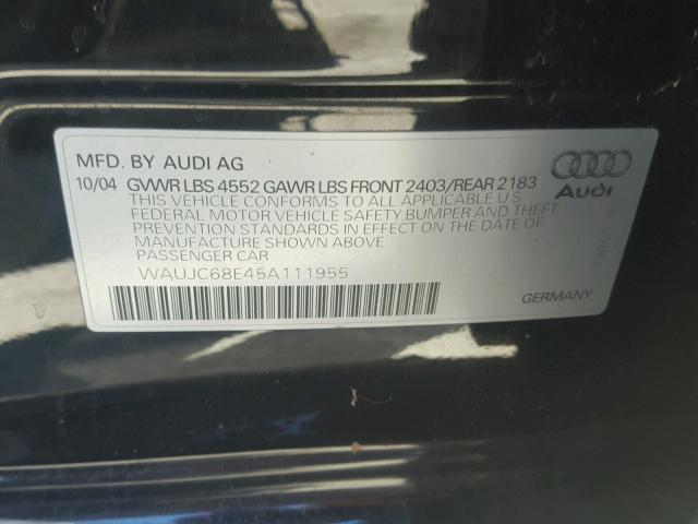 WAUJC68E45A111955 - 2005 AUDI A4 1.8T BLACK photo 10