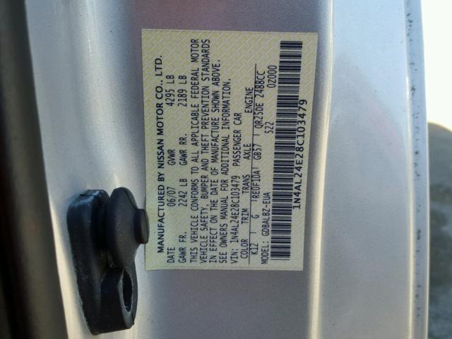 1N4AL24E28C103479 - 2008 NISSAN ALTIMA 2.5 SILVER photo 10