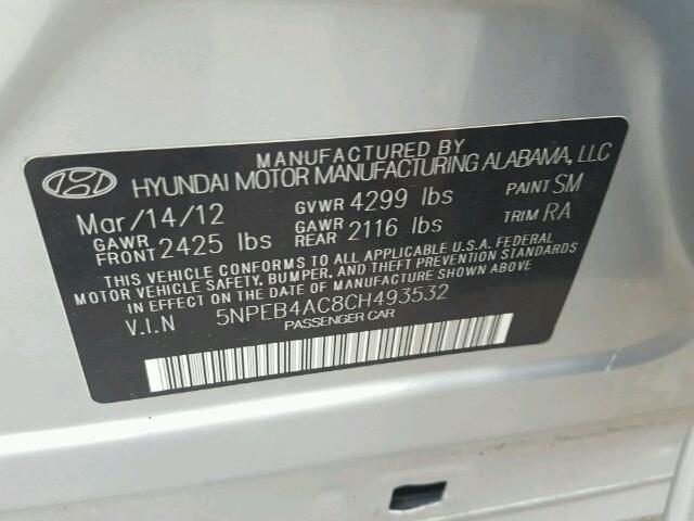 5NPEB4AC8CH493532 - 2012 HYUNDAI SONATA GLS SILVER photo 10