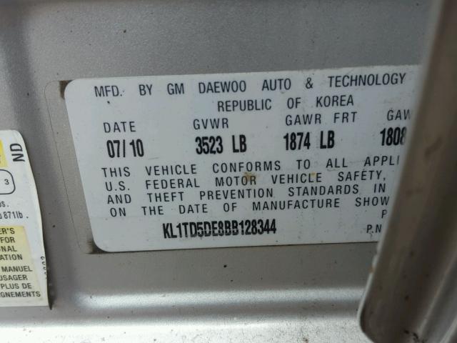 KL1TD5DE8BB128344 - 2011 CHEVROLET AVEO LS SILVER photo 10