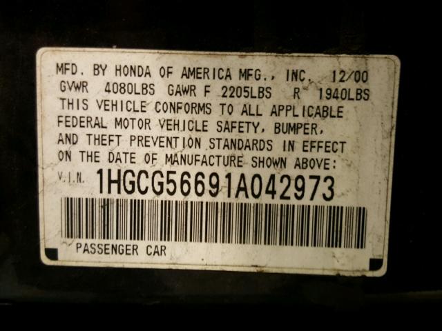 1HGCG56691A042973 - 2001 HONDA ACCORD EX BLACK photo 10