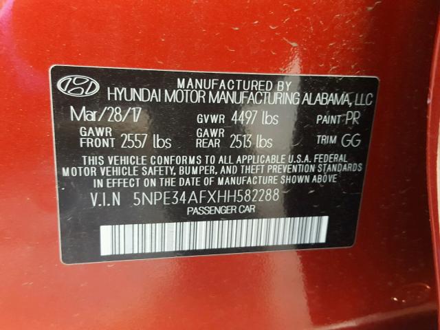 5NPE34AFXHH582288 - 2017 HYUNDAI SONATA SPO RED photo 10