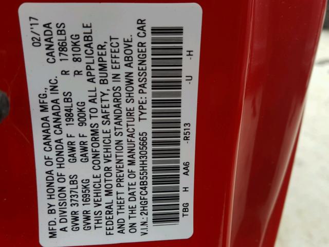 2HGFC4B55HH305665 - 2017 HONDA CIVIC LX RED photo 10