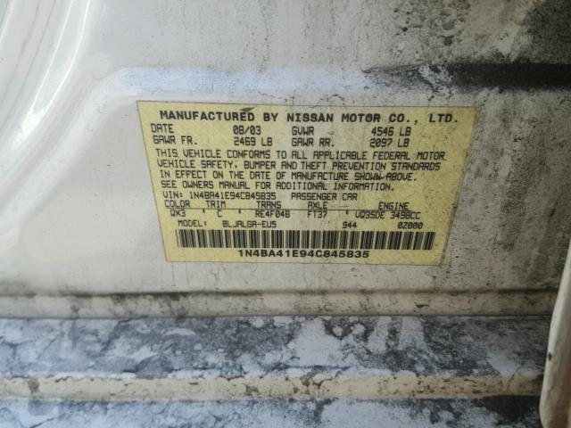 1N4BA41E94C845835 - 2004 NISSAN MAXIMA SE WHITE photo 10