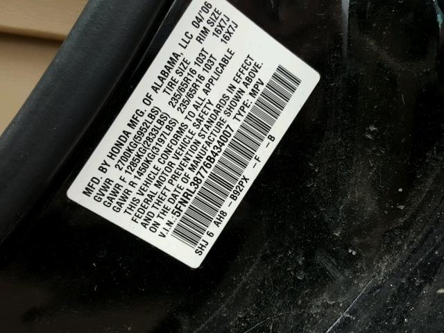 5FNRL38776B434007 - 2006 HONDA ODYSSEY EX BLACK photo 10