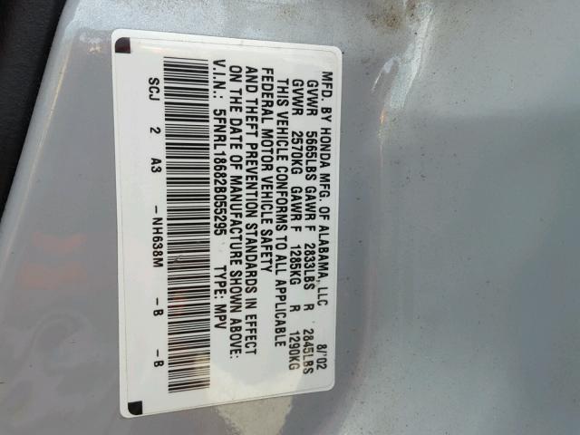 5FNRL18682B055295 - 2002 HONDA ODYSSEY EX GRAY photo 10