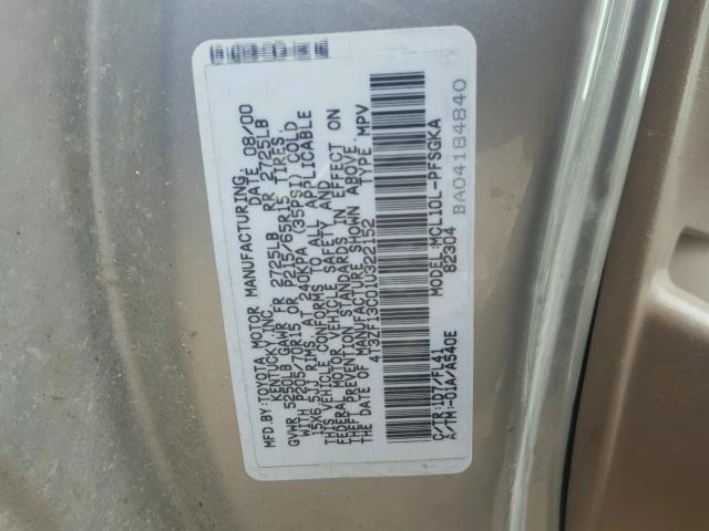 4T3ZF13C01U322152 - 2001 TOYOTA SIENNA LE SILVER photo 10