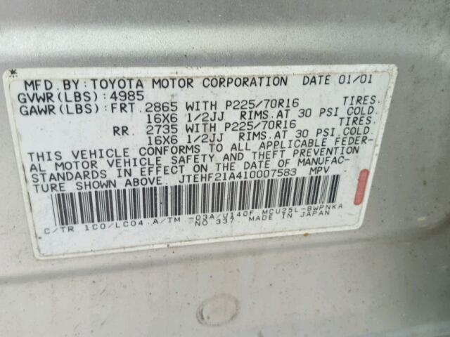 JTEHF21A410007583 - 2001 TOYOTA HIGHLANDER SILVER photo 10