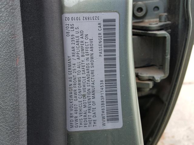 WVWTH63B83P114538 - 2003 VOLKSWAGEN PASSAT GLX 绿色 照片 10