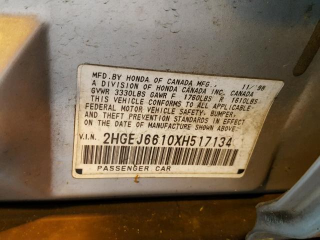 2HGEJ6610XH517134 - 1999 HONDA CIVIC BASE Gümüş foto 10