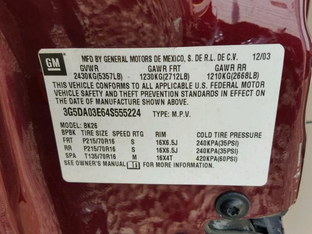 3G5DA03E64S555224 - 2004 BUICK RENDEZVOUS MAROON photo 10