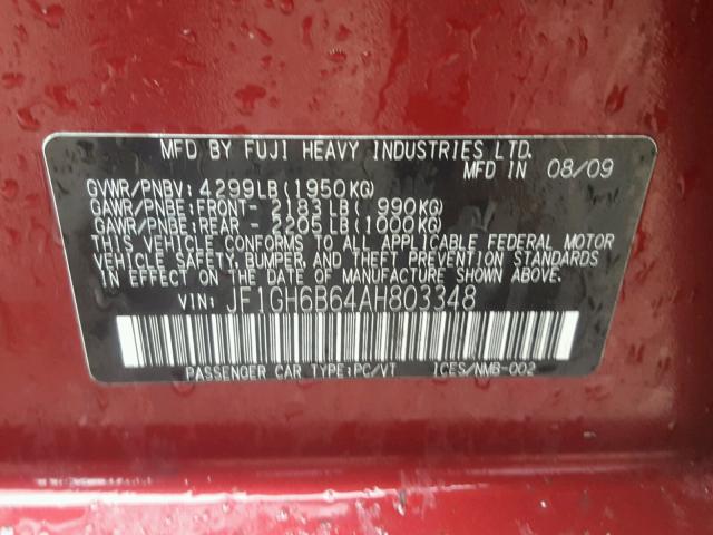 JF1GH6B64AH803348 - 2010 SUBARU IMPREZA 2. RED photo 10