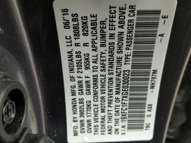 19XFC1F7XGE030023 - 2016 HONDA CIVIC EXL GRAY photo 10