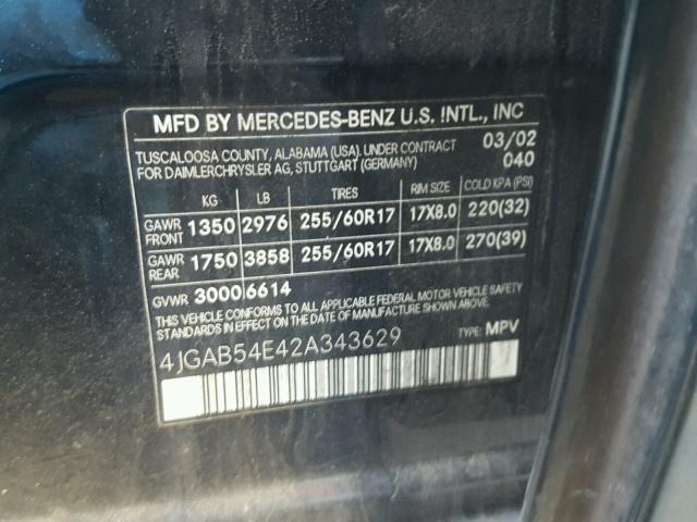 4JGAB54E42A343629 - 2002 MERCEDES-BENZ ML 320 BLACK photo 10