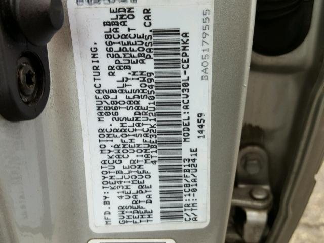 4T1BE32K12U105499 - 2002 TOYOTA CAMRY LE SILVER photo 10