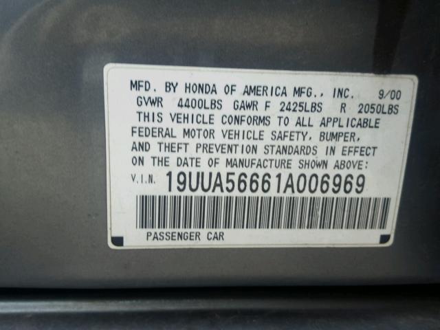 19UUA56661A006969 - 2001 ACURA 3.2TL CHARCOAL photo 10