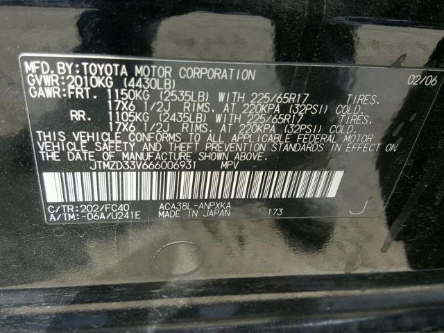 JTMZD33V666006931 - 2006 TOYOTA RAV4 BLACK photo 10