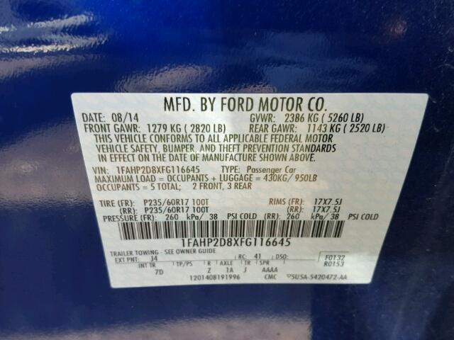 1FAHP2D8XFG116645 - 2015 FORD TAURUS SE BLUE photo 10