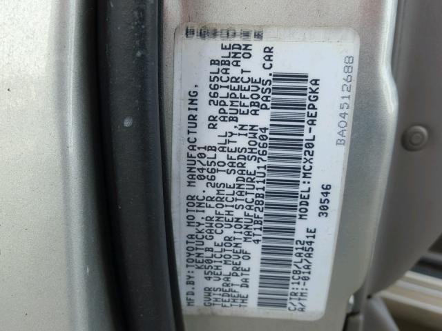 4T1BF28B11U176604 - 2001 TOYOTA AVALON XL SILVER photo 10