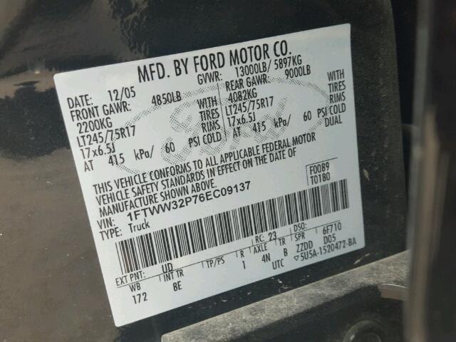 1FTWW32P76EC09137 - 2006 FORD F350 SUPER BLACK photo 10