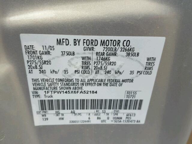 1FTPW145X6FA52184 - 2006 FORD F150 SUPER GRAY photo 10